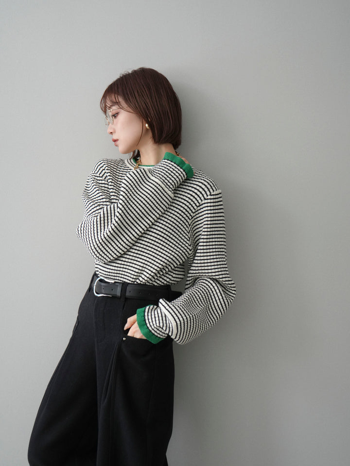 [予約]ラメ異素材ボーダーリブニットプルオーバー/off×green