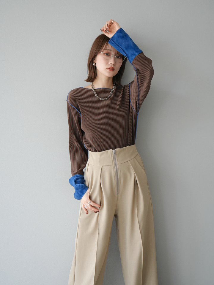 [予約]バイカラープリーツトップス/ブラウン