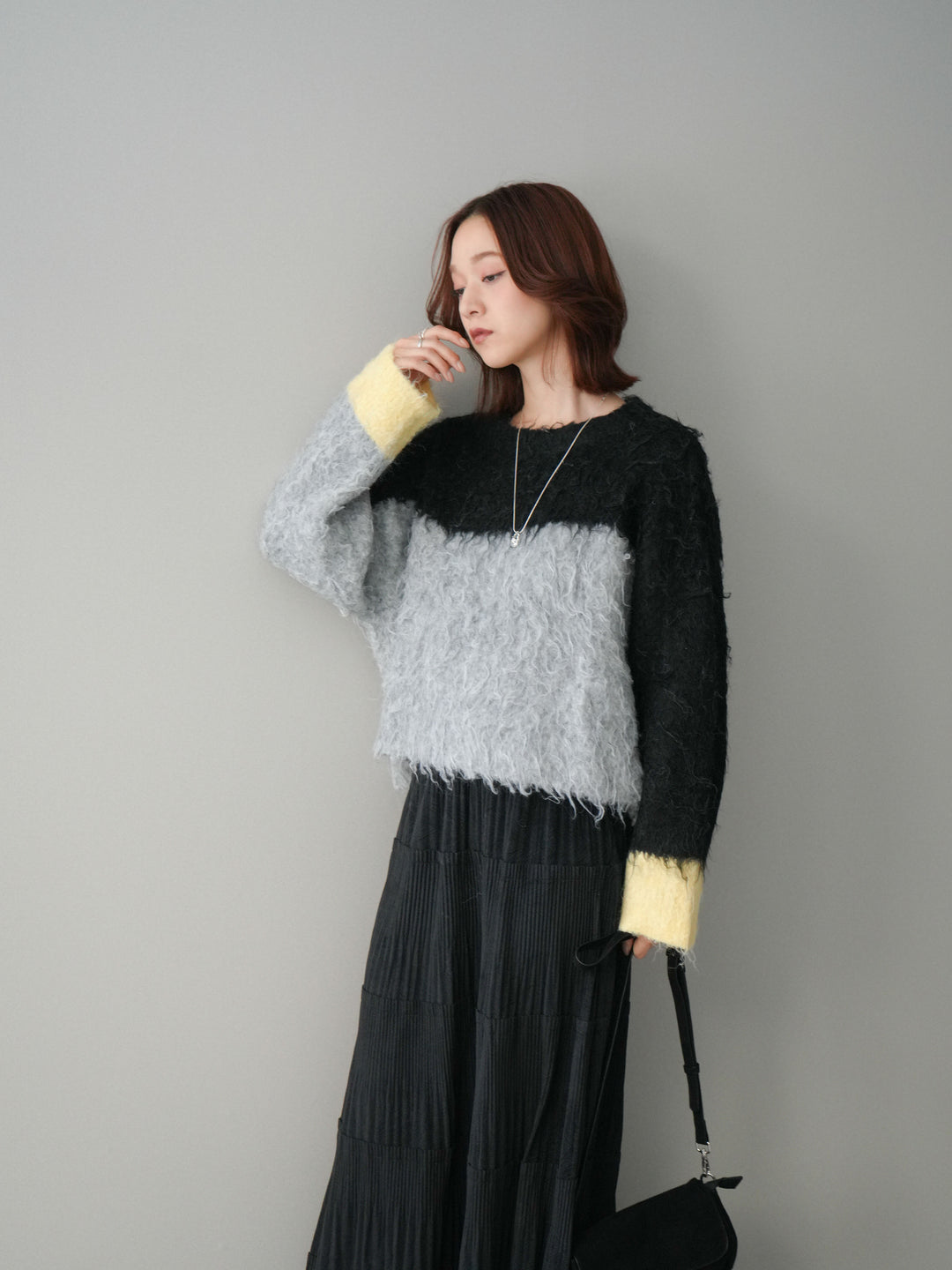 [SET]バイカラーモヘアタッチニットプルオーバー+型押しスエードティアードプリーツスカート(2set)