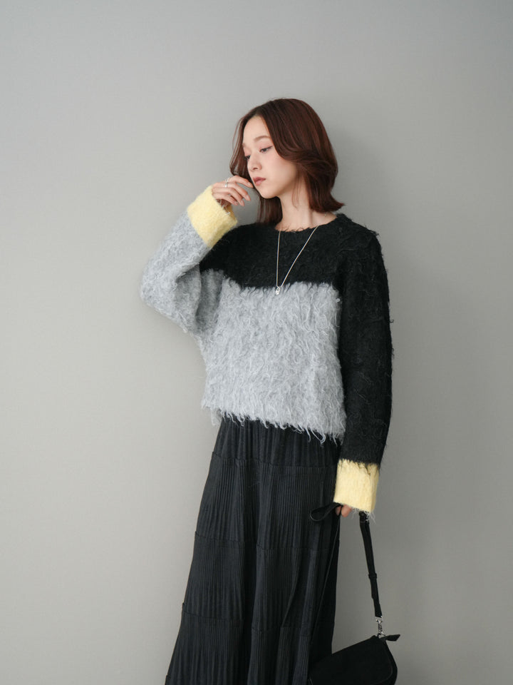 [SET]バイカラーモヘアタッチニットプルオーバー+型押しスエードティアードプリーツスカート(2set)
