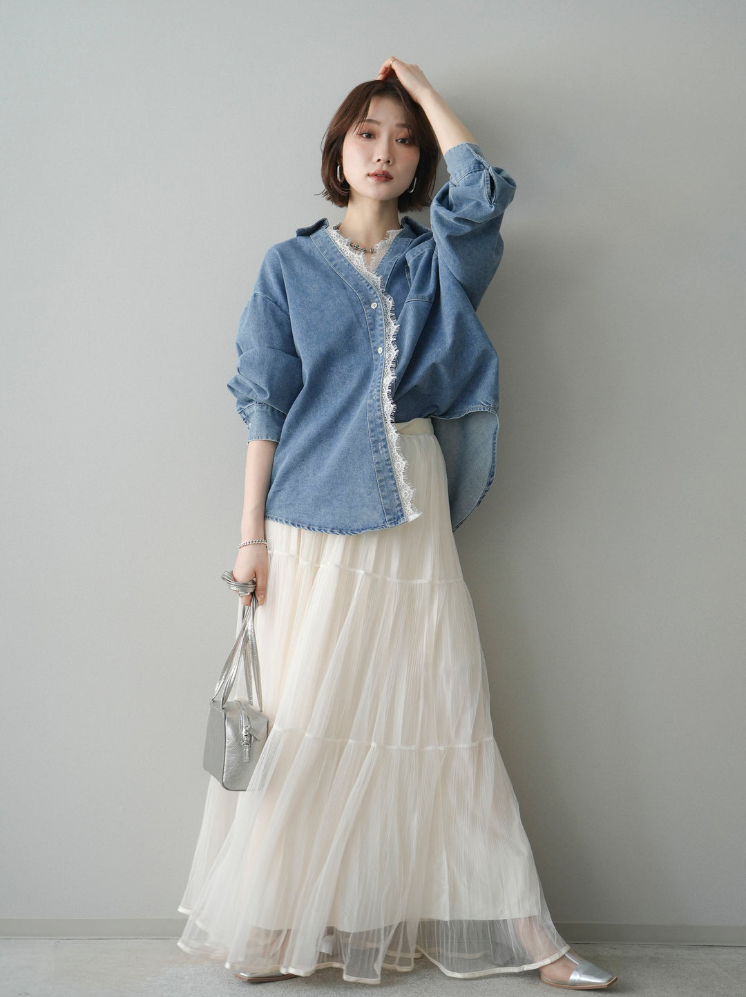 [予約]ラメプリーツレイヤードチュールロングスカート/ivory