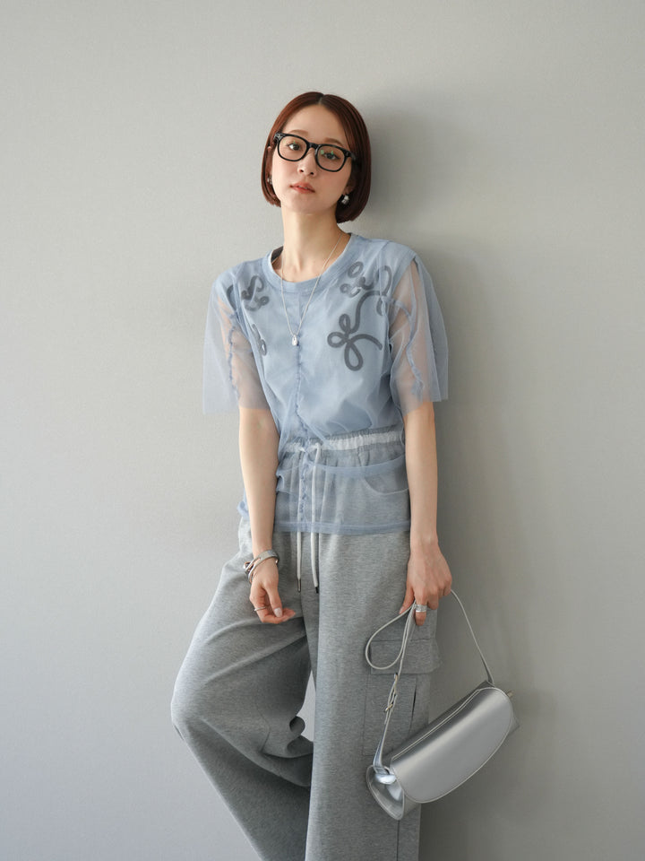 [SET]ラメチュールシャーリングプルオーバー+コード刺繍フレンチスリーブTシャツ+ウエストラインサイドポケットスウェットパンツ(3set)