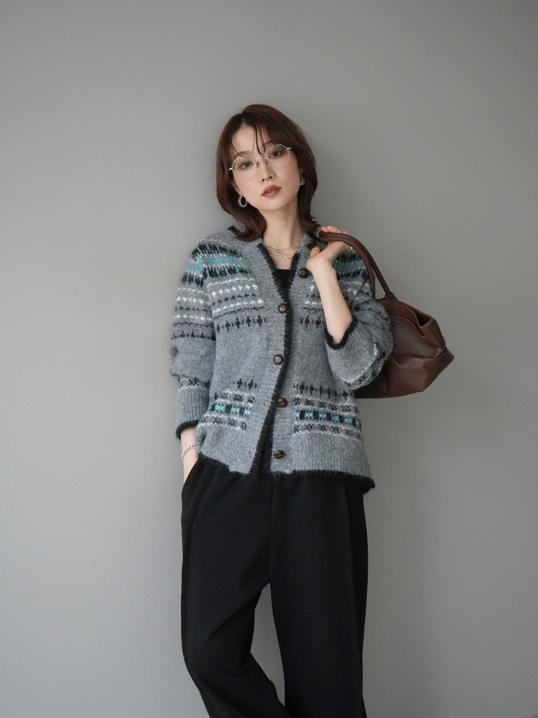 [SET]求心柄ウッドボタンニットカーディガン+求心柄ウッドボタンニットカーディガン(2set)