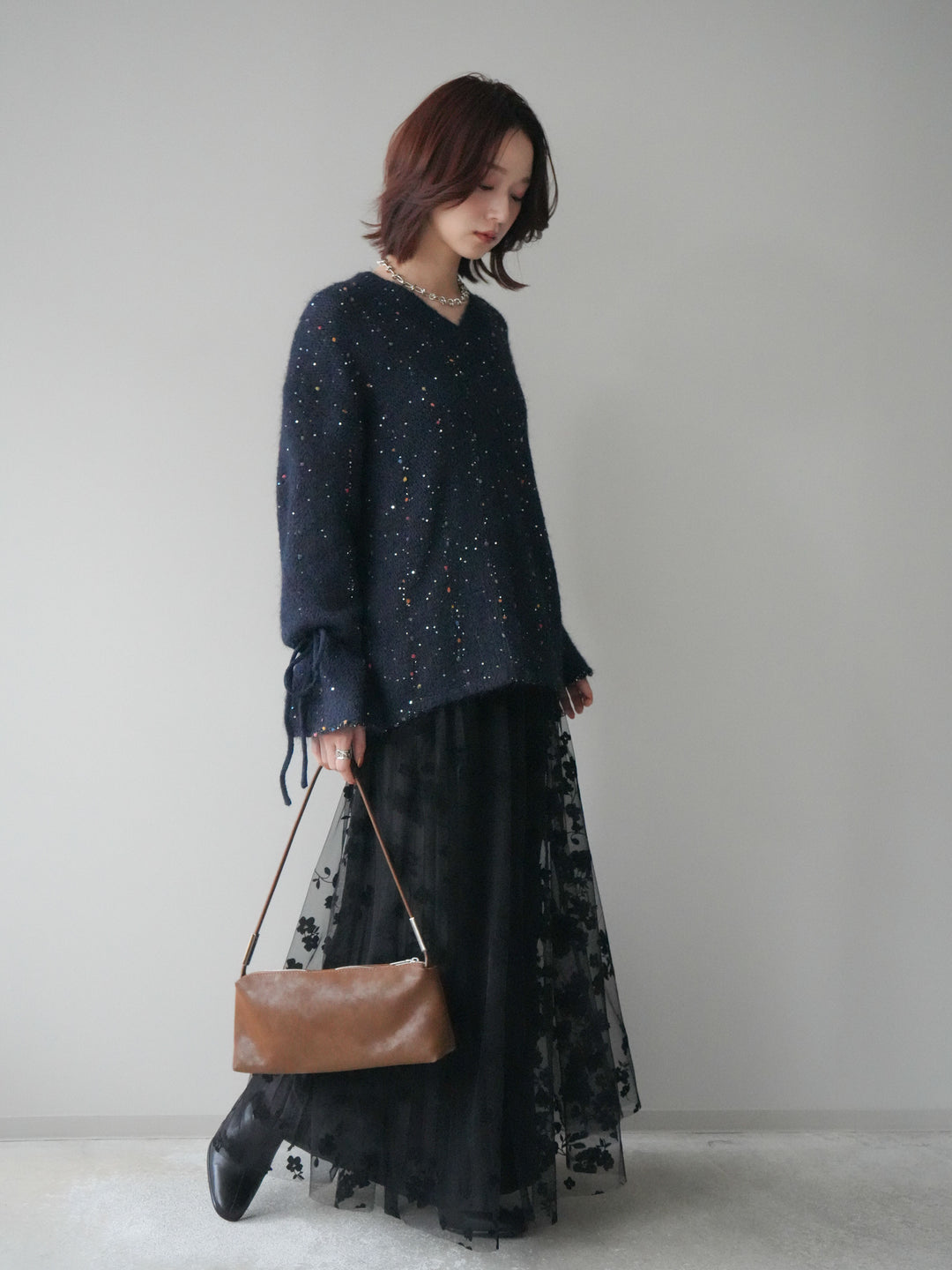 [SET]キャンディースリーブカラーネップスパンコールニットプルオーバー+フラワーフロッキーチュールプリーツスカート(2set)