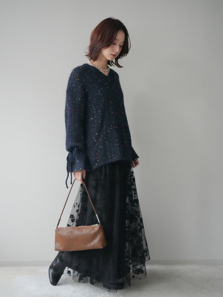 [SET]キャンディースリーブカラーネップスパンコールニットプルオーバー+フラワーフロッキーチュールプリーツスカート(2set)