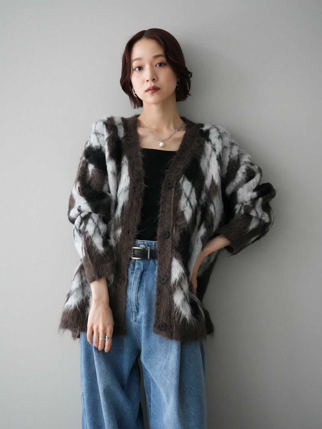 [予約]アーガイル柄シャギーニットカーディガン/brown