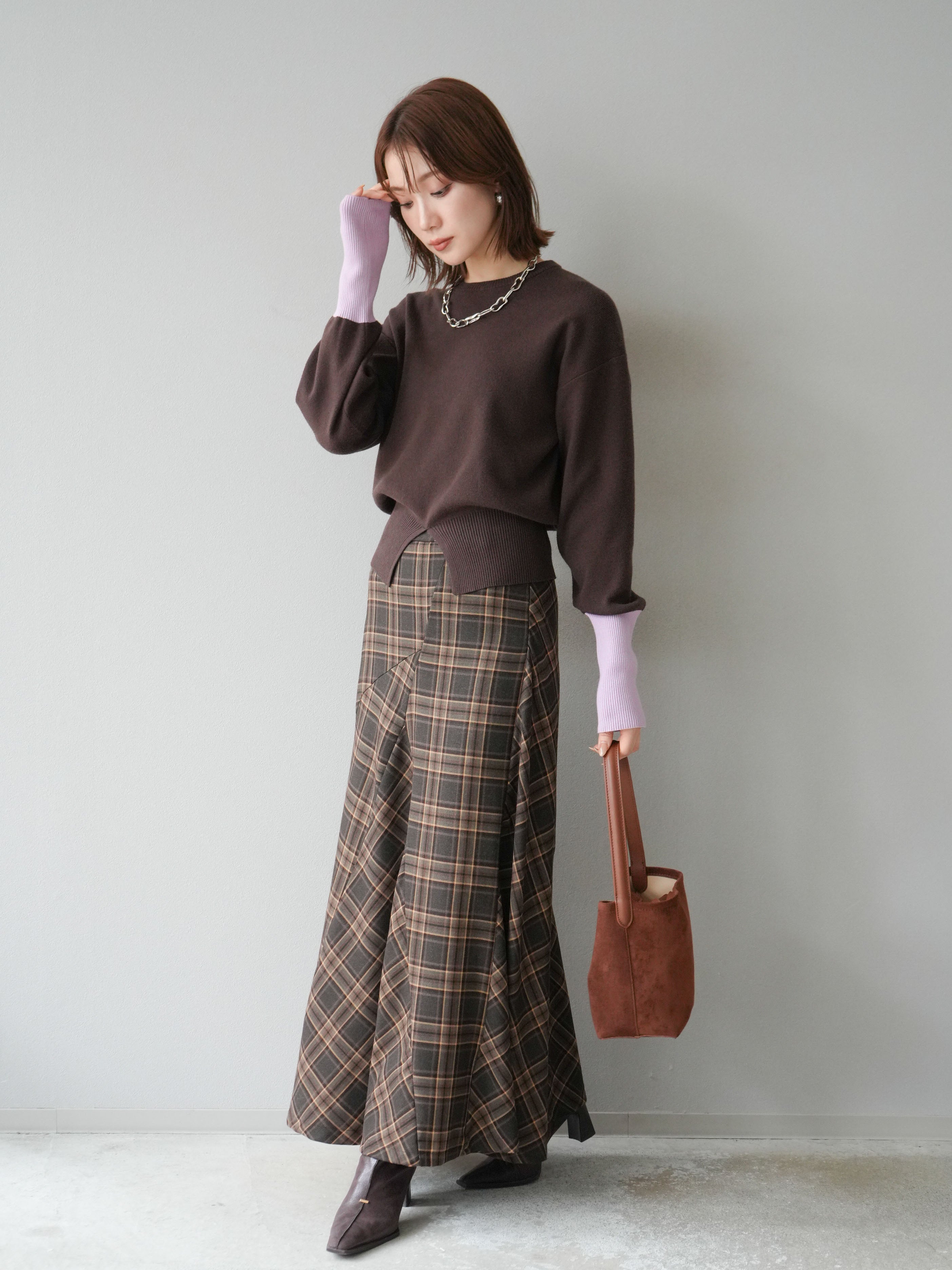 予約]チェック柄マーメイドスカート/ブラウン – Lumier