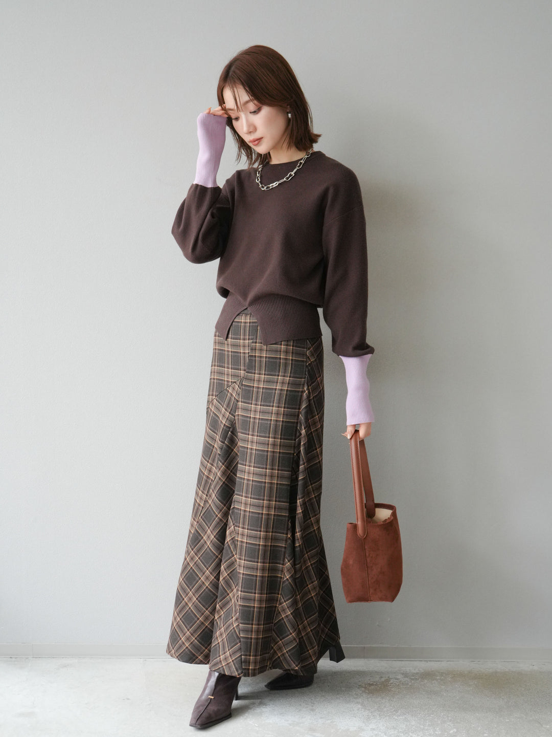[予約]チェック柄マーメイドスカート/ブラウン