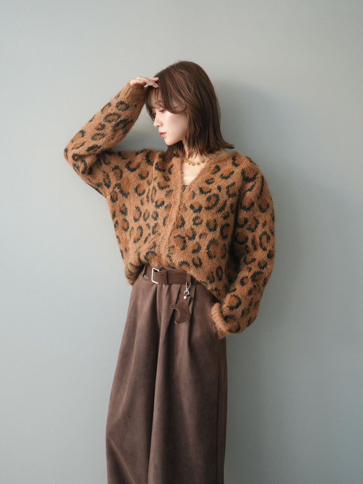 [SET]モヘアタッチレオパード柄ニットカーディガン+選べるアクセセット(2set)