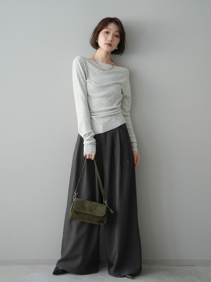 [予約]編み込みベルト付タックワイドパンツ/gray