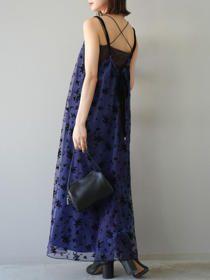 [SET]フロッキーチュールレイヤードベロアキャミワンピース+カップ付きバッククロスキャミソール(2set)