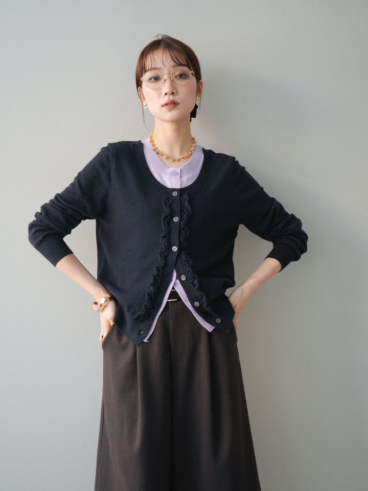 [予約]配色レイヤードフリルデザインニットカーディガン/black