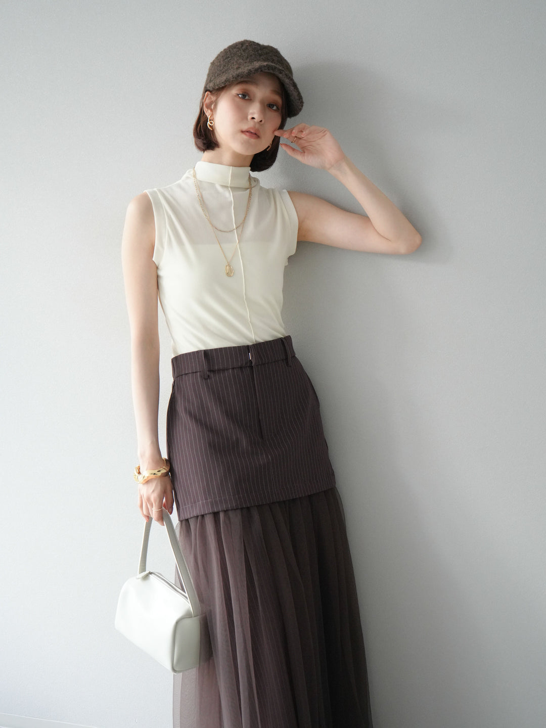 [予約]シアーベロアプチネックノースリーブトップス/アイボリー