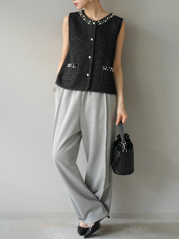 [予約]パールデザインツイードライクニットベスト/ブラック