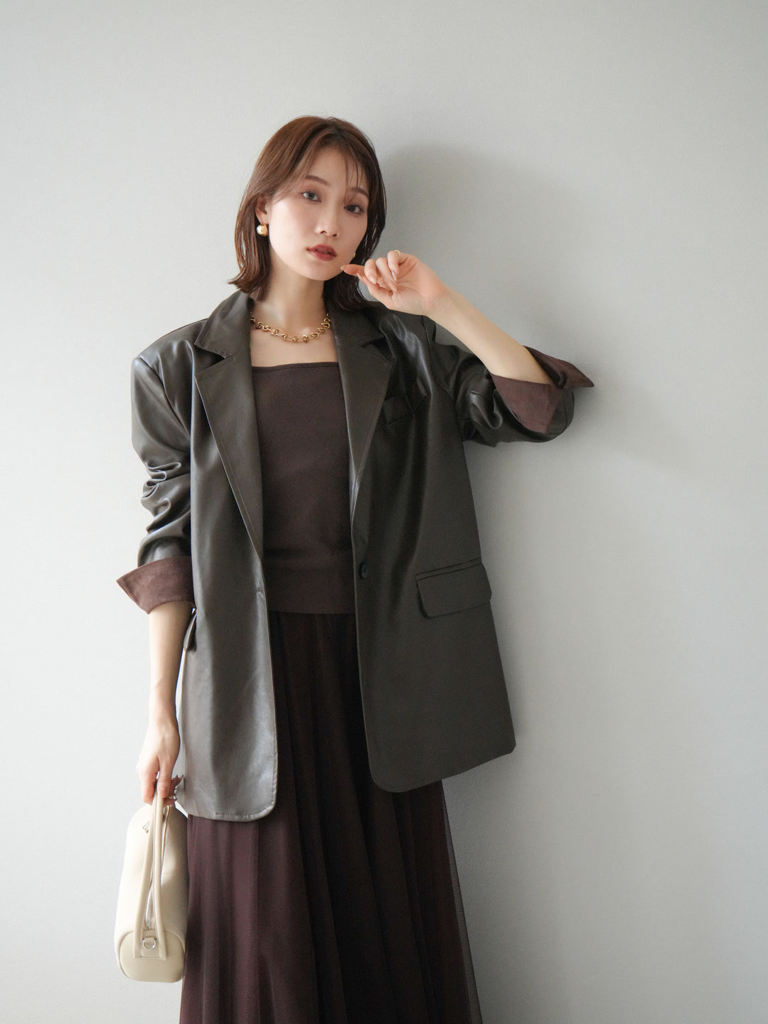 [予約]フェイクレザーテーラードジャケット/ブラウン