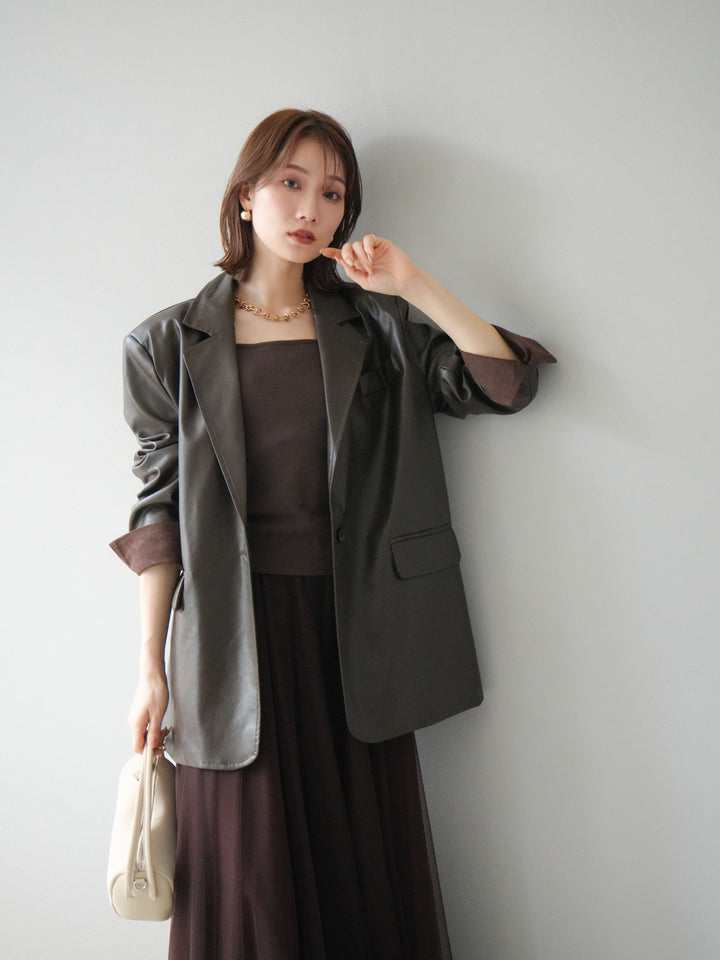 [予約]フェイクレザーテーラードジャケット/ブラウン