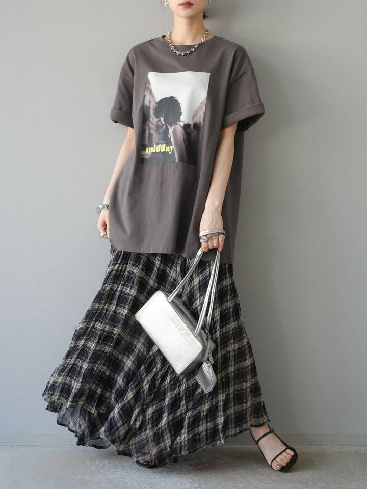 [SET]ネオンロゴフォトプリントBIG Tシャツ+シアーチェックアシンメトリーワッシャースカート(2set)