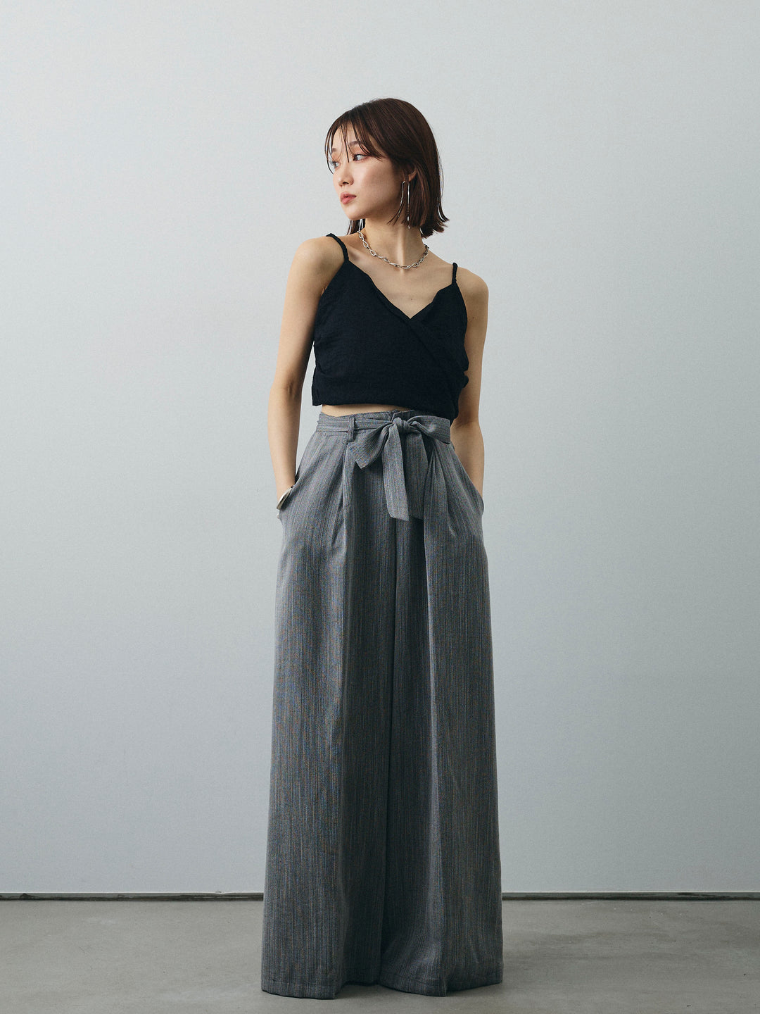 [予約]リネンライクカシュクールデザインビスチェ/ブラック