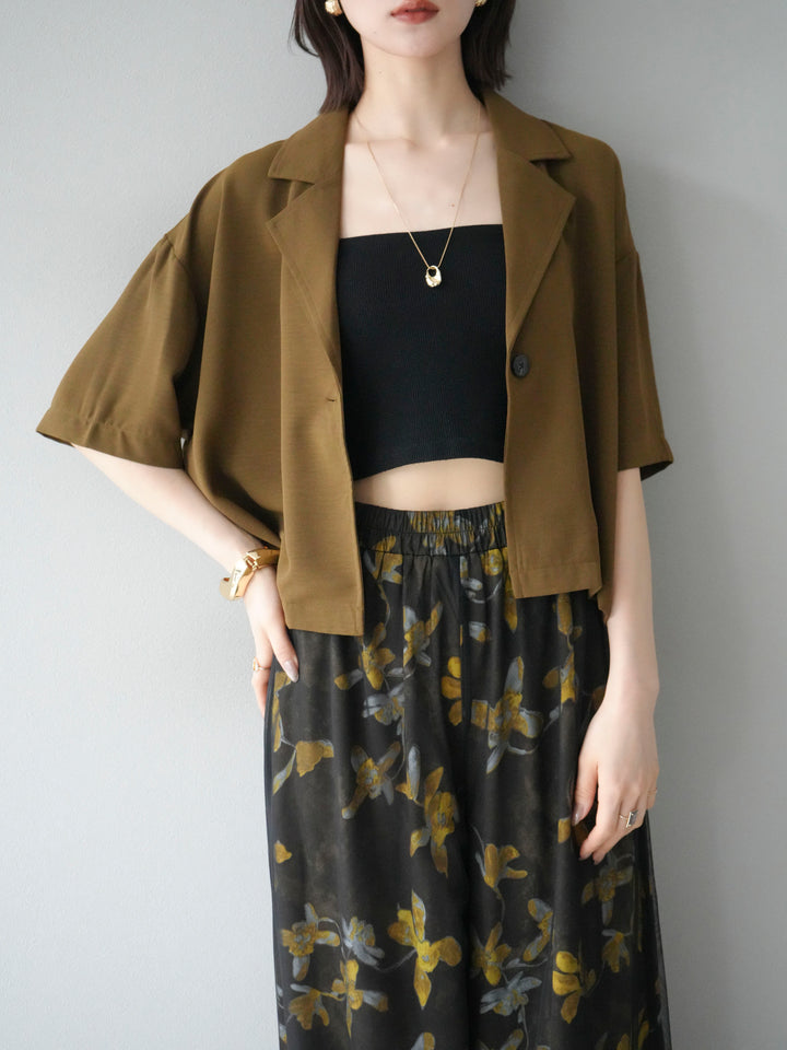 [SET]ハーフショートジャケット+フラワープリントチュールレイヤードパンツ(2set)