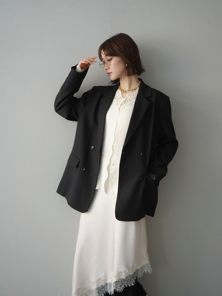 [SET]ダブルブレストオーバージャケット+レースネックジャガードニットカーディガン+サテンライクアシメレーススカート+センターシームフレアパンツ(4set))