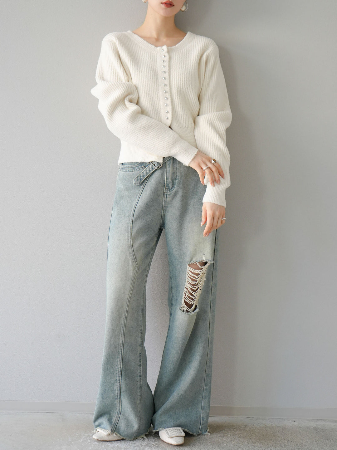 [予約]スリットヘムフェザーニットカーディガン/アイボリー