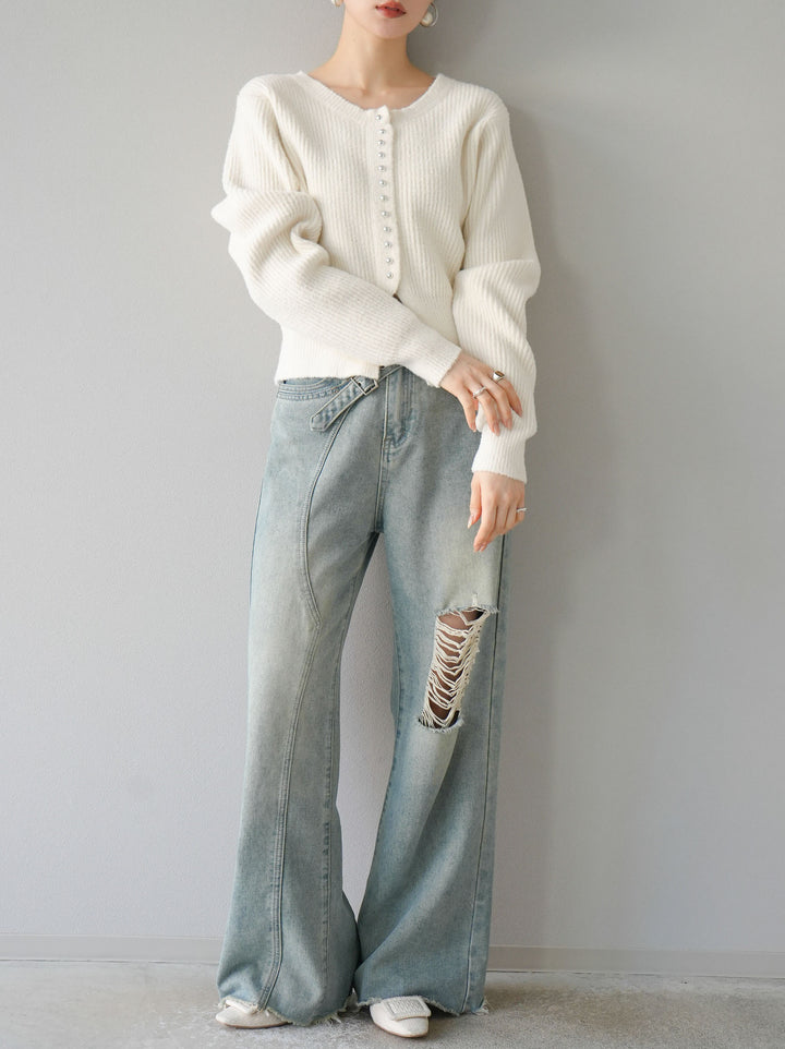 [予約]スリットヘムフェザーニットカーディガン/アイボリー