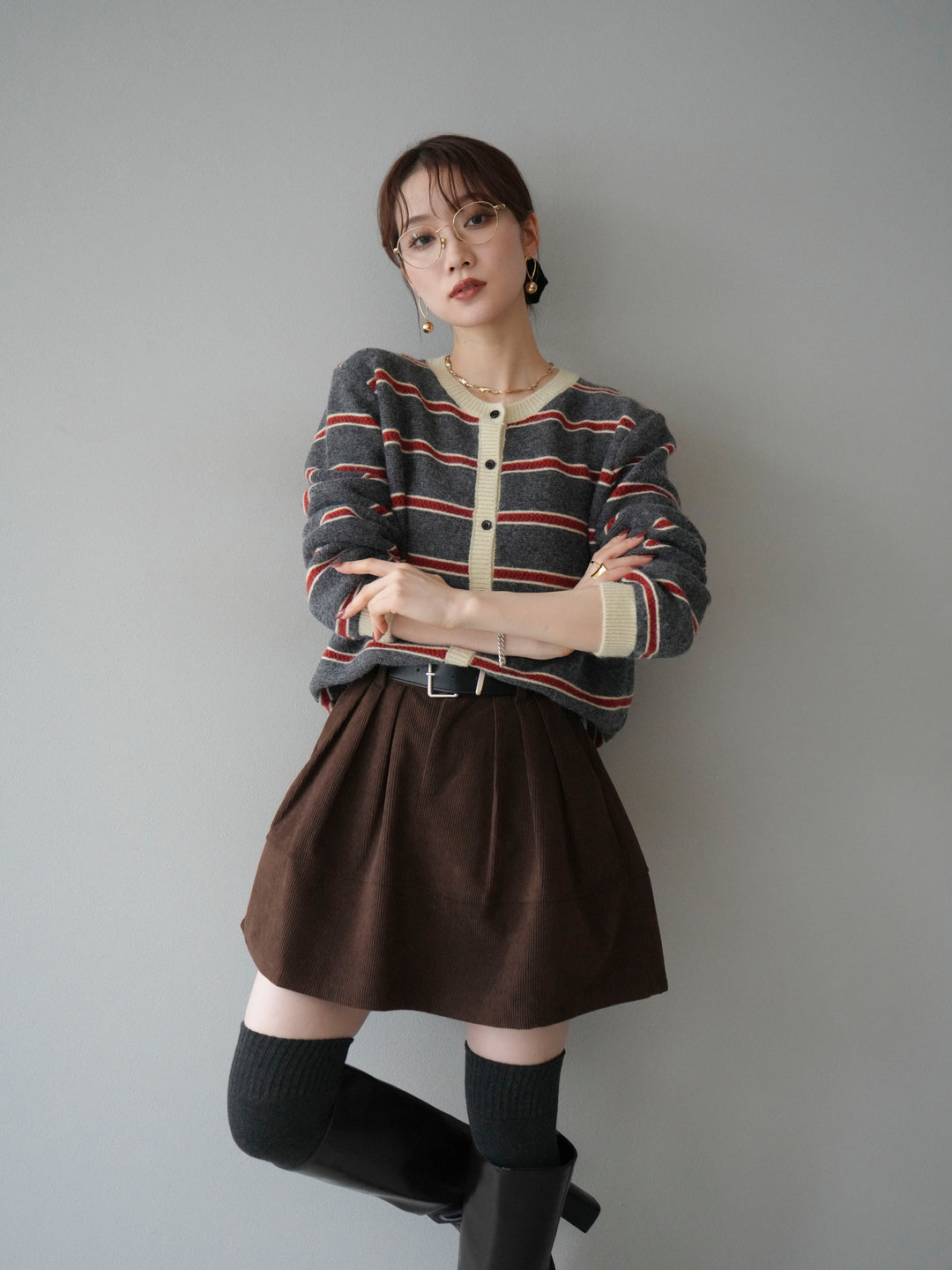 [予約]配色ボーダーニットカーディガン/gray