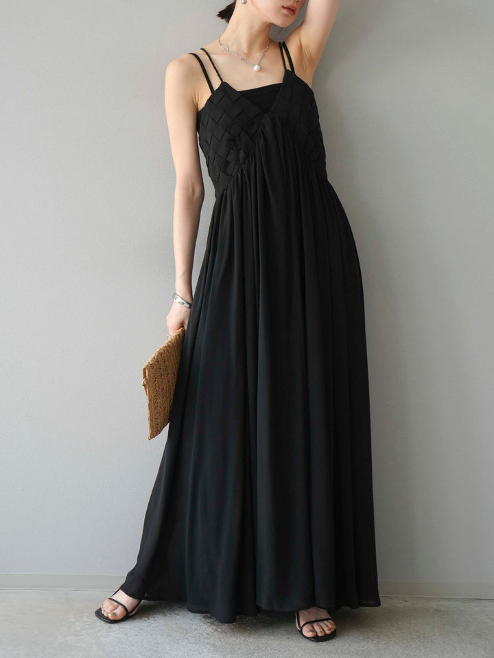 [予約]編み込みデザインシフォンワンピース/ブラック