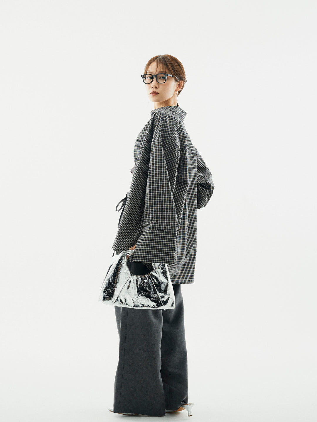 【Allure】[SET]チェックBIGカフスオーバーシャツ+ラップデザインタックワイドパンツ(2set)