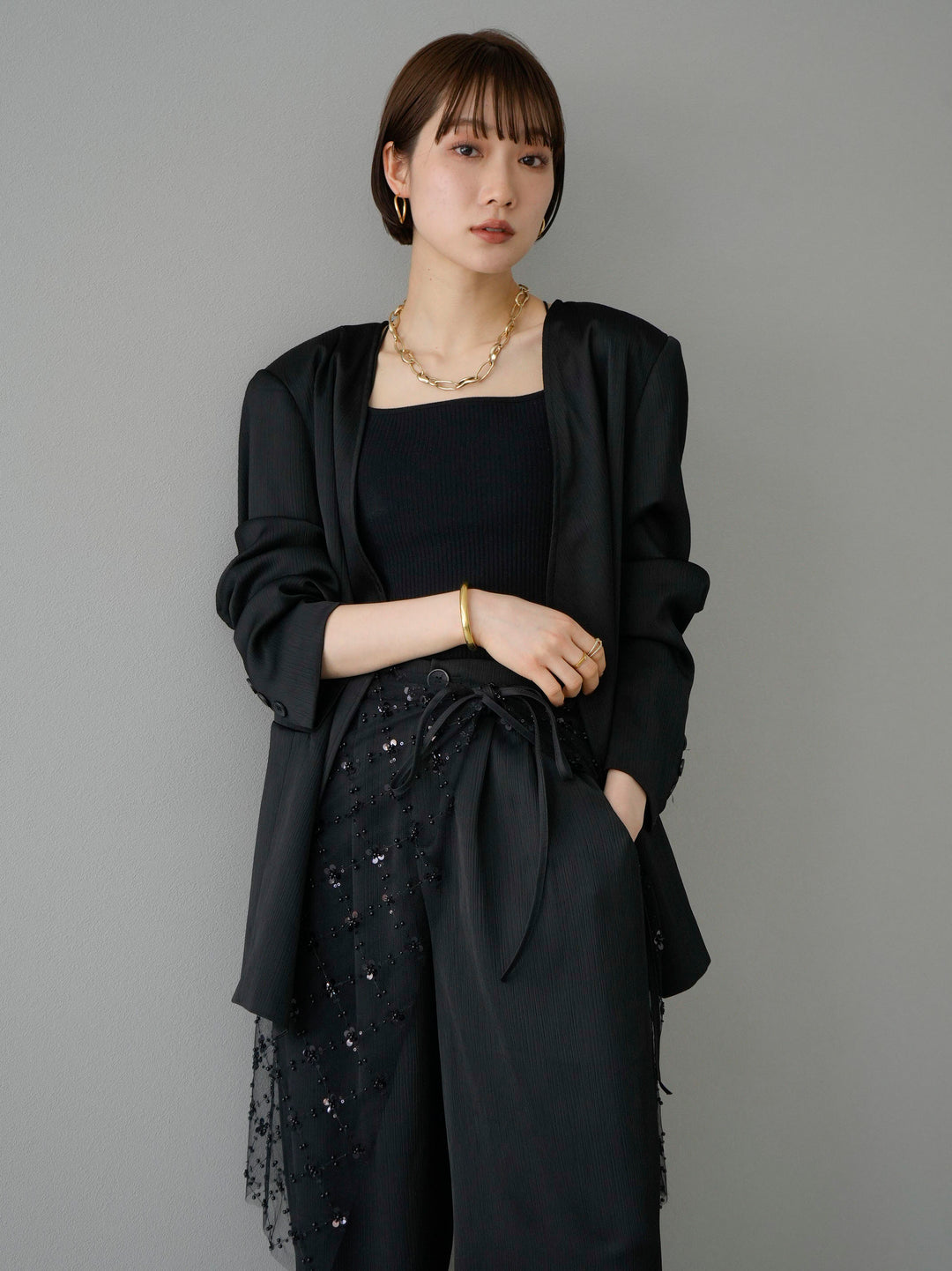 [Pre-order] Sequined Tulle Wrap Skirt/Black