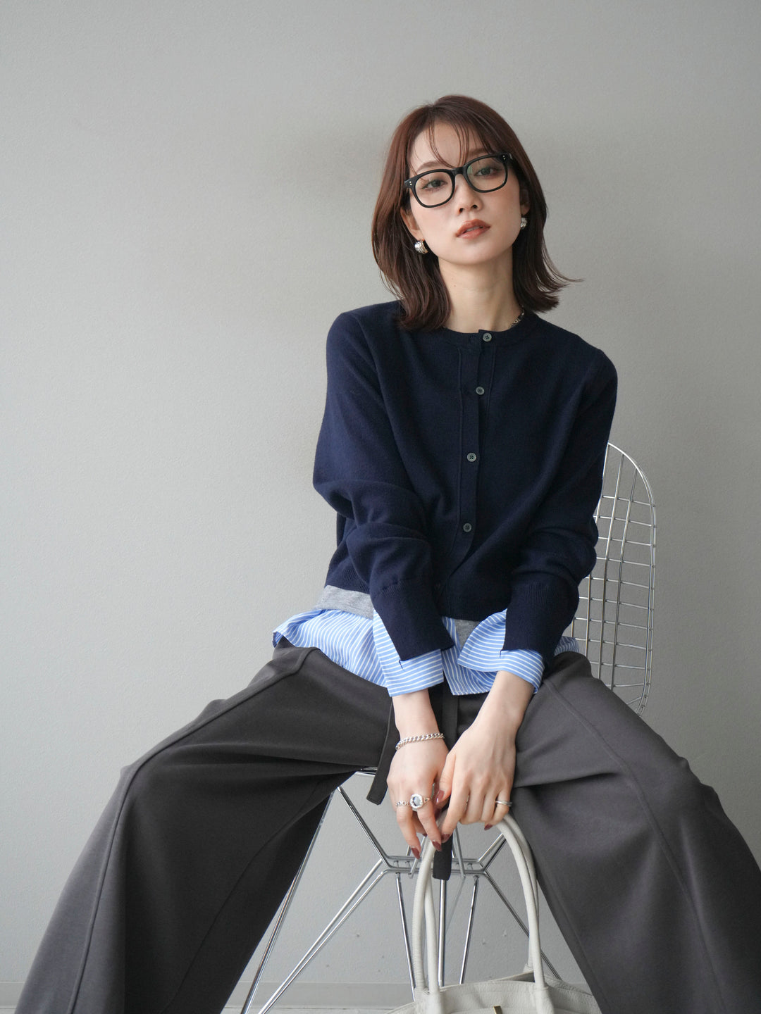 [SET]シャツ襟レイヤードニットカーディガン+ベルト付スウェットワイドパンツ(2set)