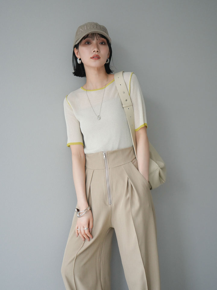 [予約]麻タッチ配色ニットハーフスリーブトップス/アイボリー