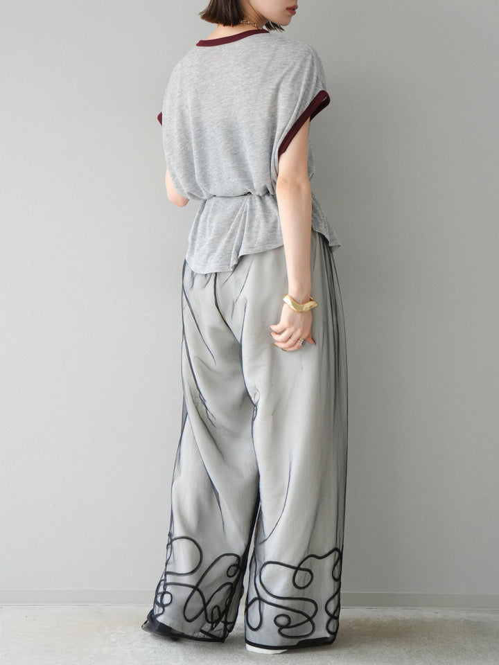 [SET]シアーフライス ロゴプリントT +コード刺繍チュールレイヤードパンツ(2set)