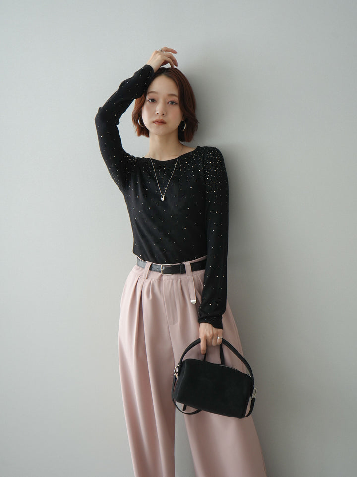 [SET]スパンコールシアーニットトップス+ベルト付キーホルダーモチーフワイドパンツ(2set)