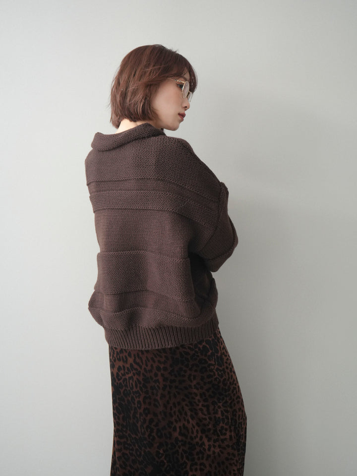 [予約]襟付きボーダー編みニットプルオーバー/brown