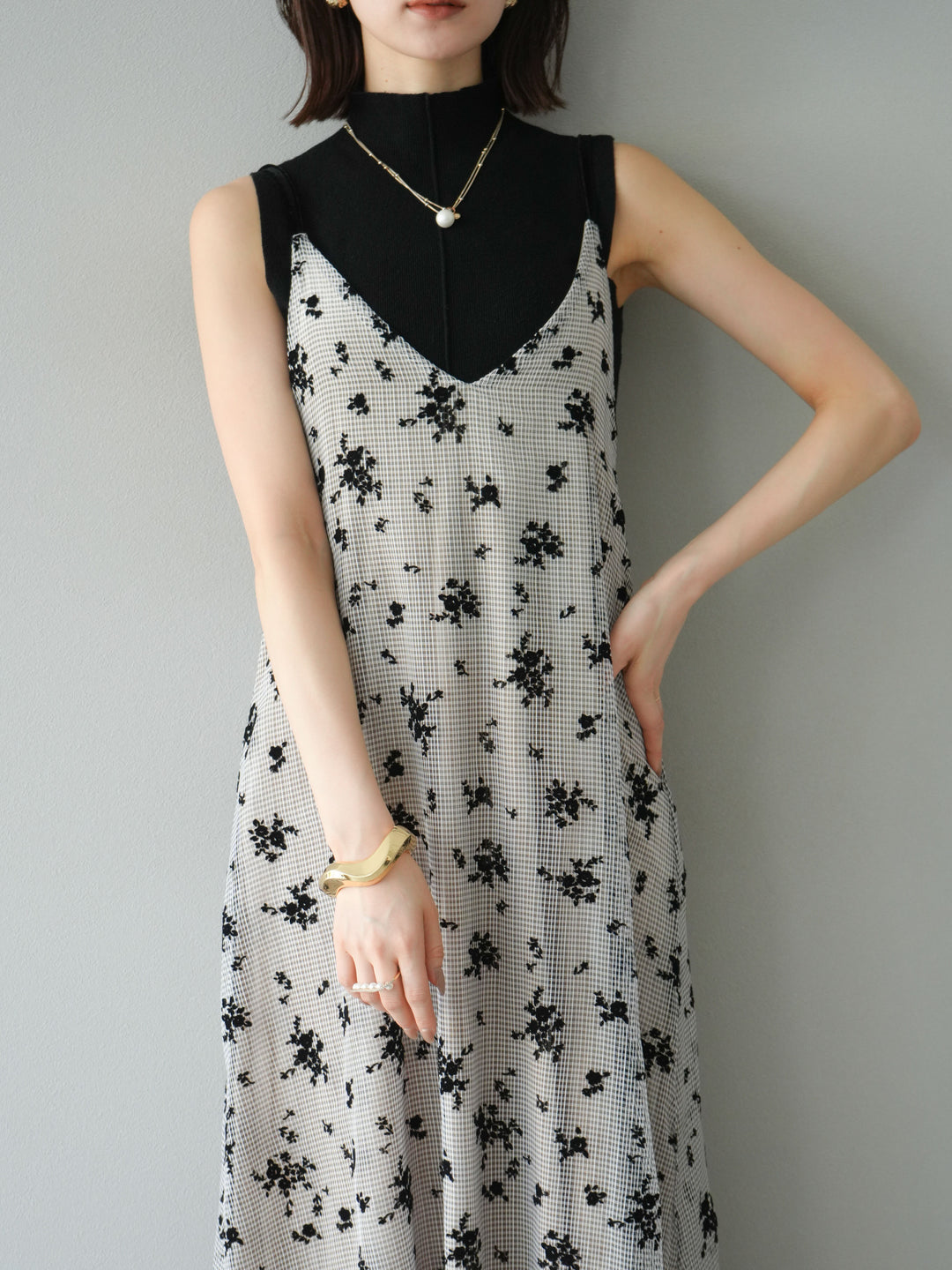 [予約]フロッキーチュールレイヤードベロアキャミワンピース/ベージュ