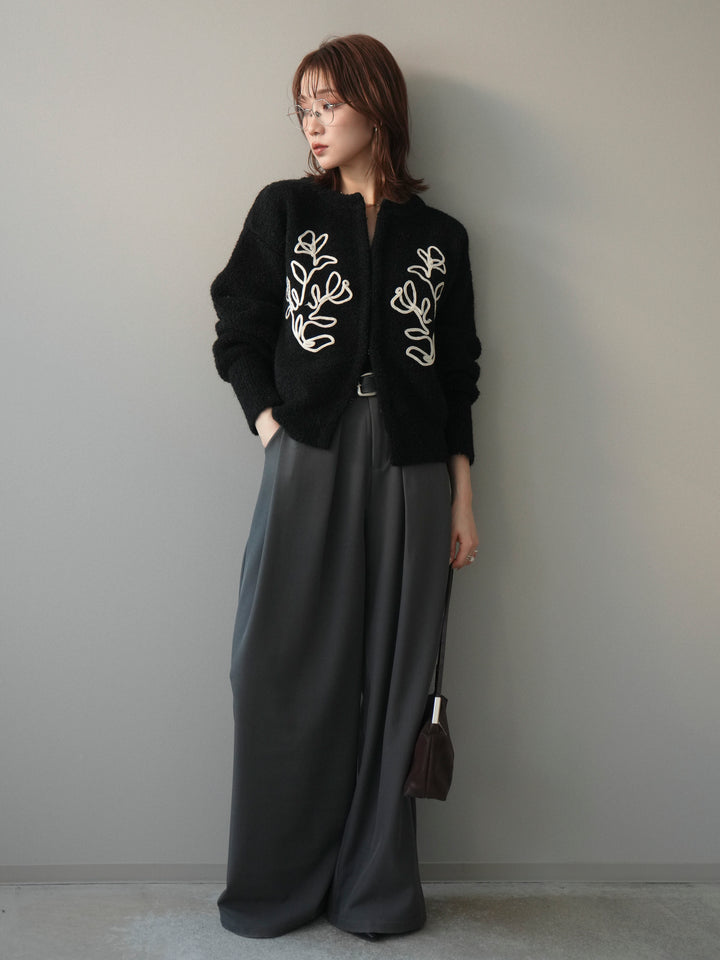 [SET]テープ刺繍ホック開きブークレニットカーディガン+ベルトループデザインワイドパンツ(2set)