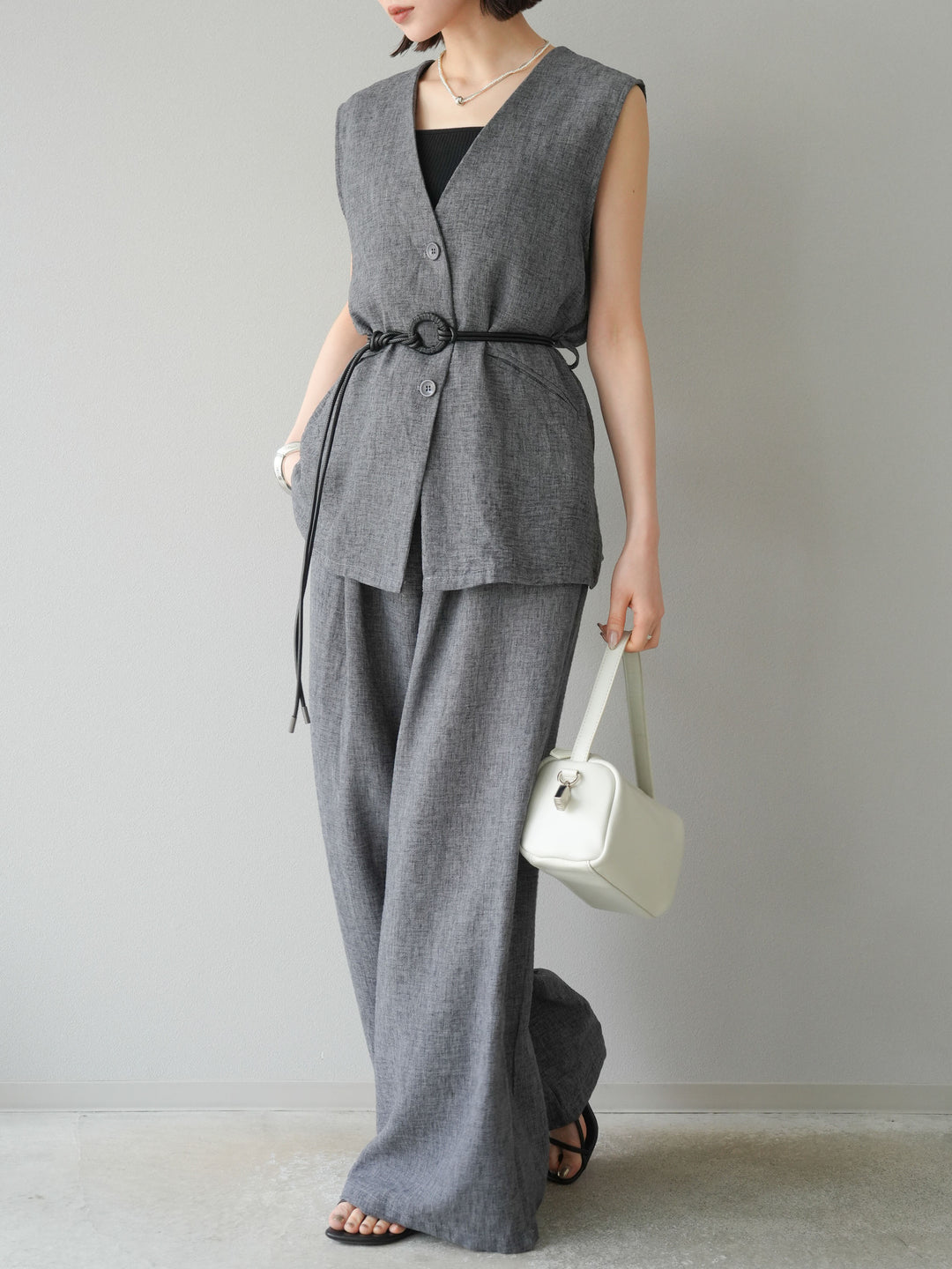 [SET]ベルト付リネンタッチベスト＆ワイドパンツSET UP(2set)