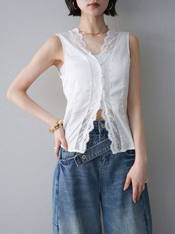 [予約]ノースリサテンレースキャミソール/white