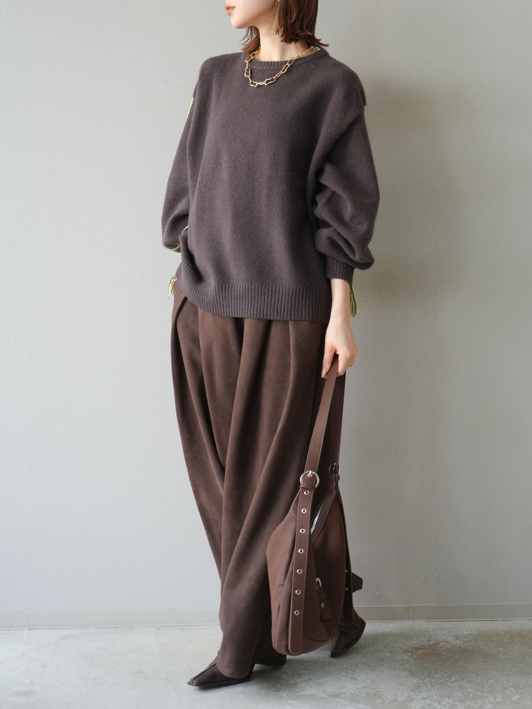 [SET]配色ステッチフリンジニットプルオーバー +スウェードタックワイドパンツ(2set)