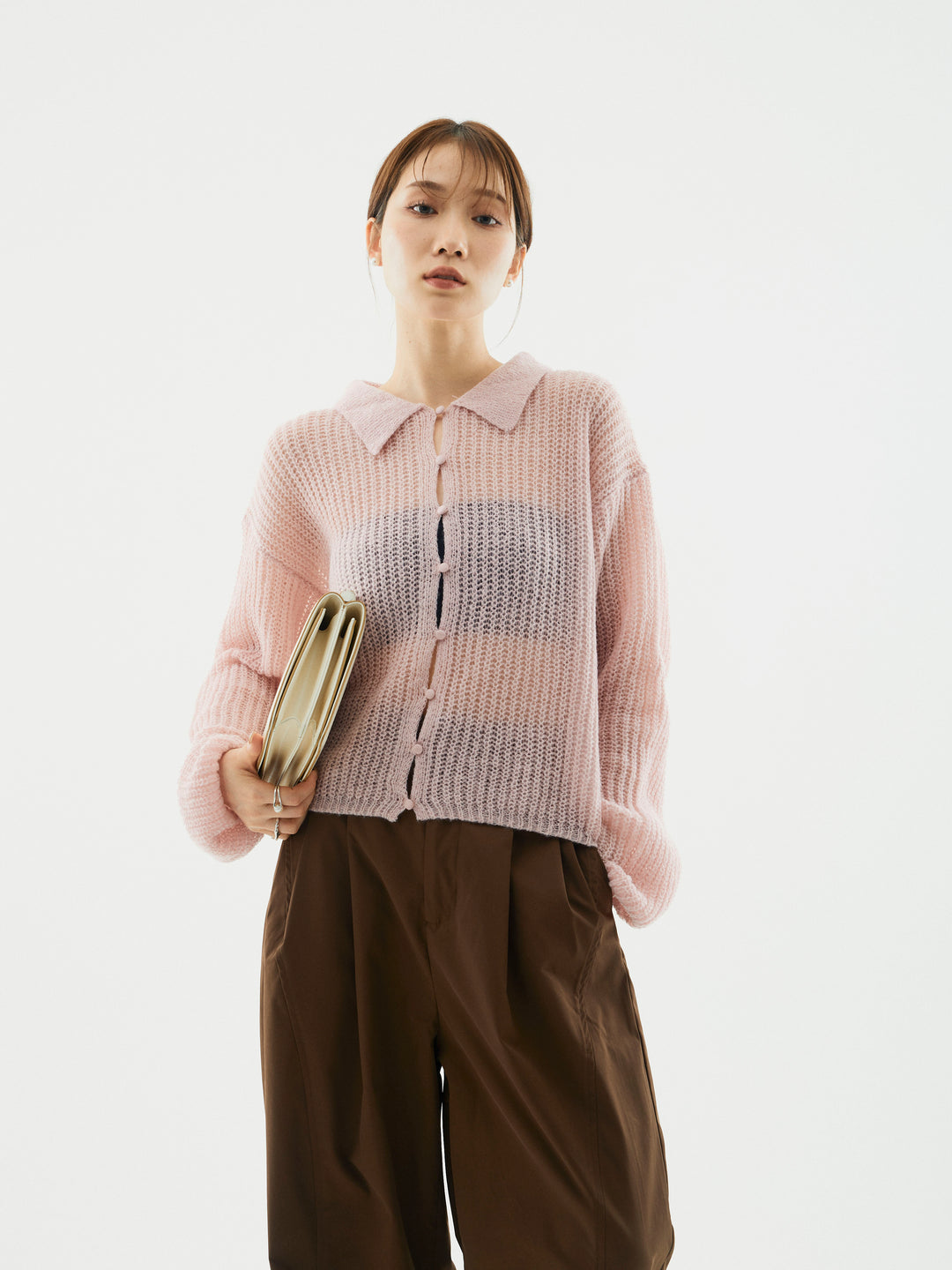 [予約]起毛片畦編みシアーポロニット/ビンク