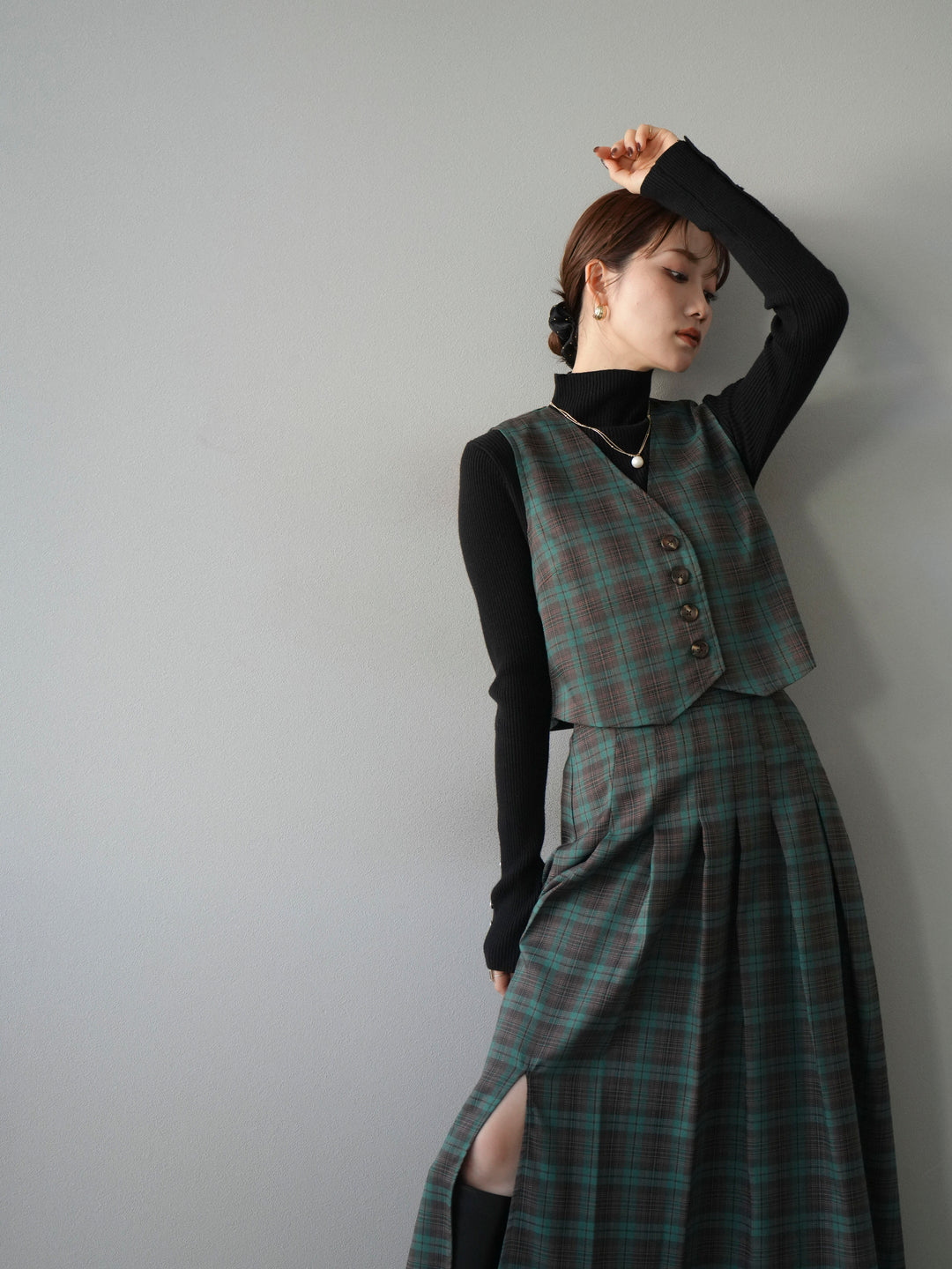 [予約]チェック柄ベスト/グリーン