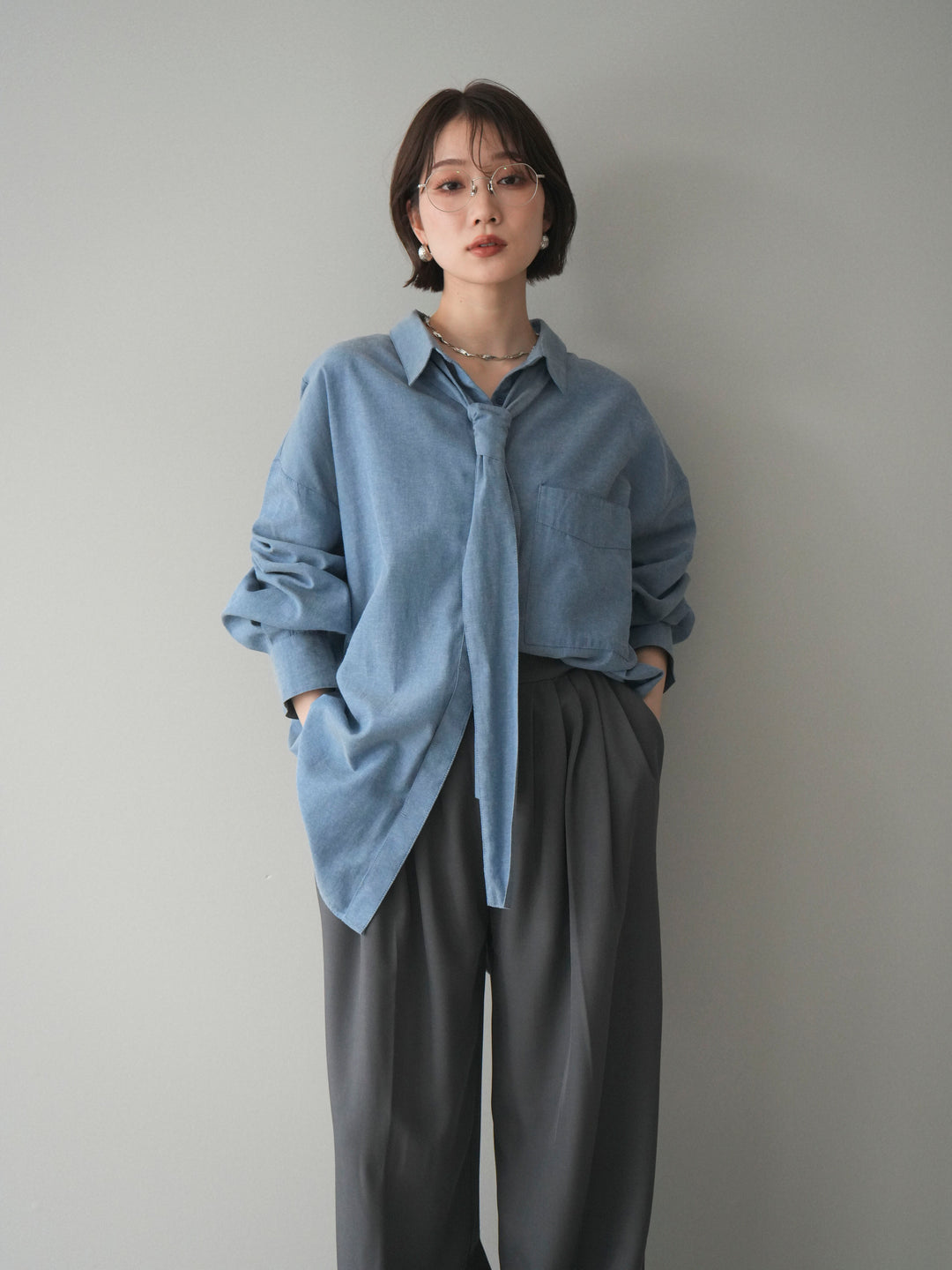 [予約]コットンライクボウタイオーバーシャツ/blue