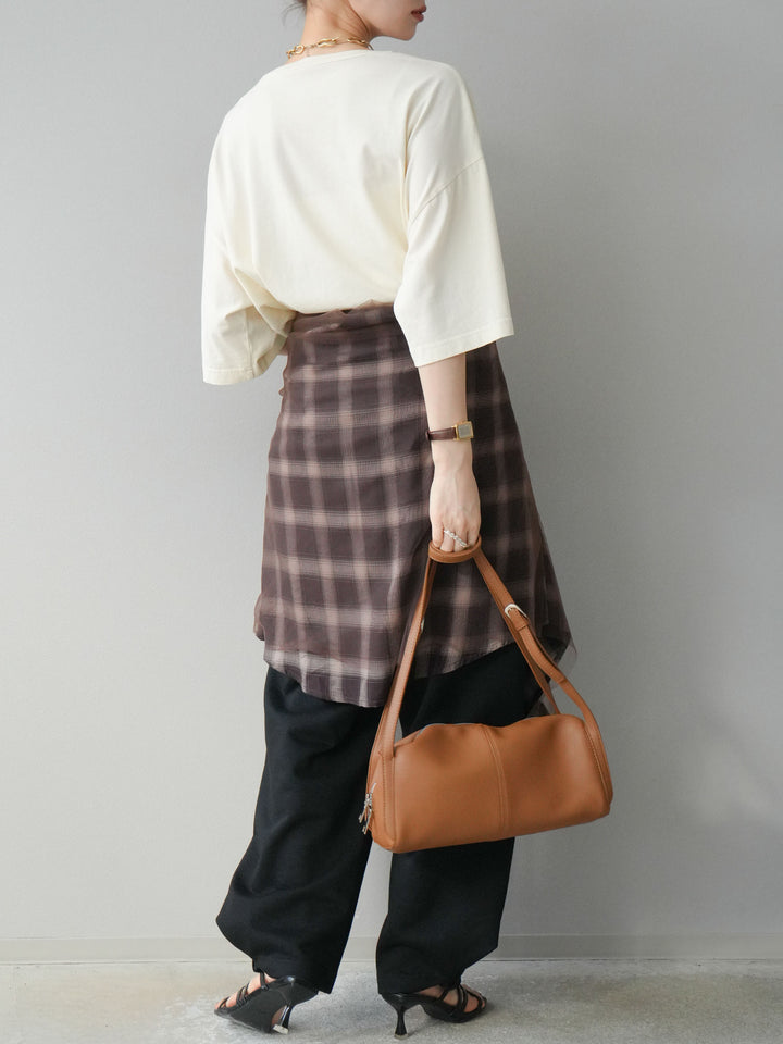 [SET]ピグメントロゴプリントTシャツ+2WAYデザインスウェットパンツ+チュールドッキングチェック柄オーバーサイズシャツ(3set)