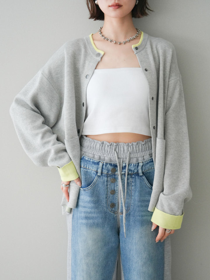 [SET]バイカラーオーバーニットカーディガン+デニム切替スウェットパンツ(2set)