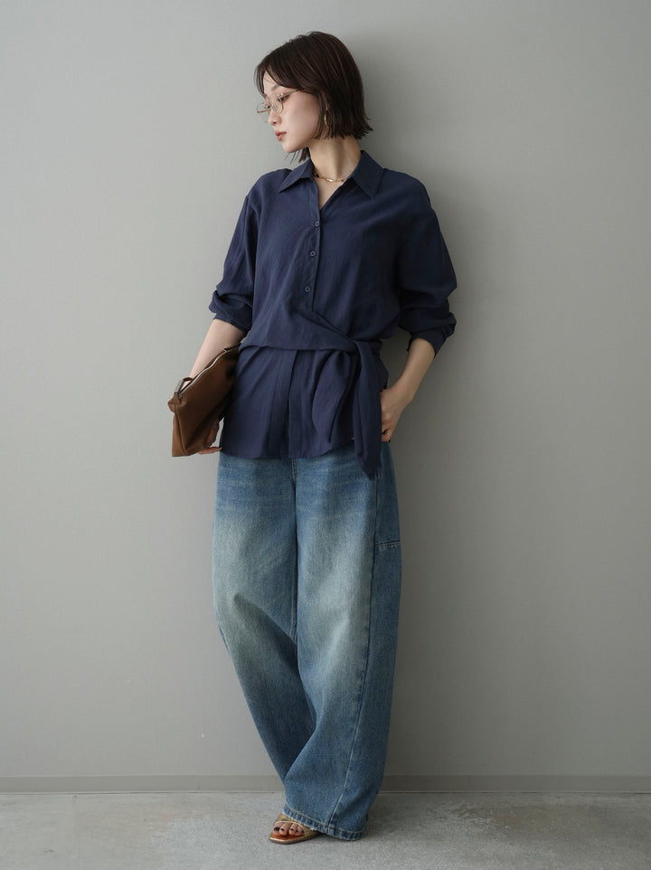 [SET]フロントアシンメトリーブラウス+アシメデザインワイドデニムパンツ(2set)