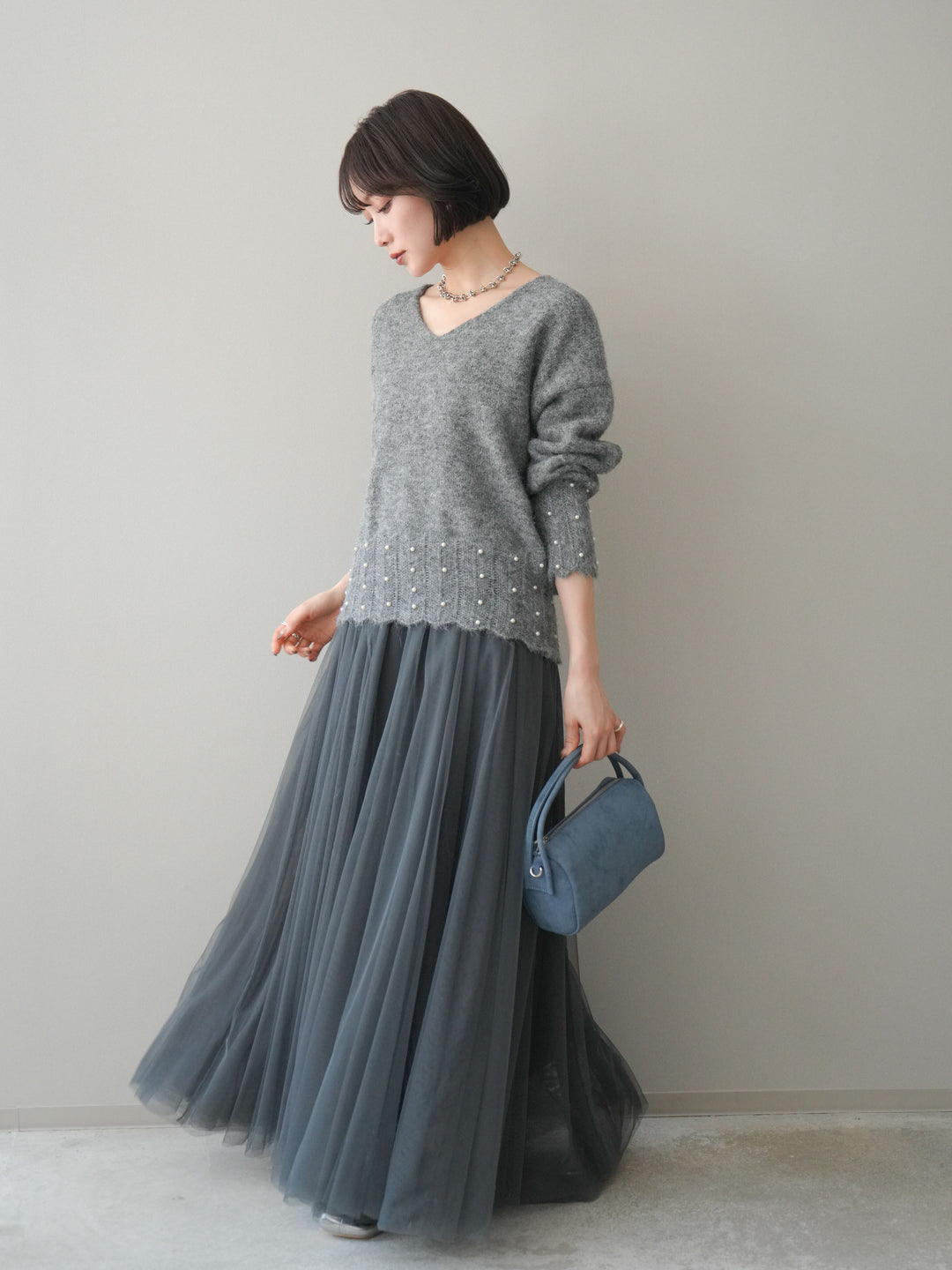 [SET]パールフリルリブヘムニットプルオーバー+チュールボリュームスカート(2set)