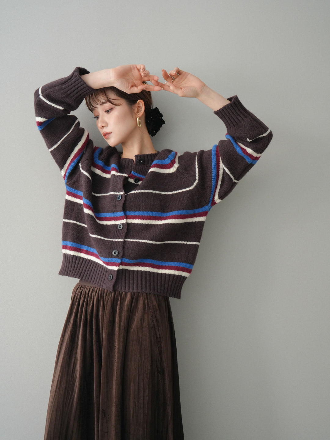 [予約]ランダムボーダーニットカーディガン/brown
