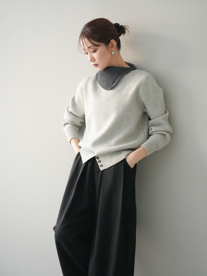 [予約]デザインネックバイカラーニットプルオーバー/gray