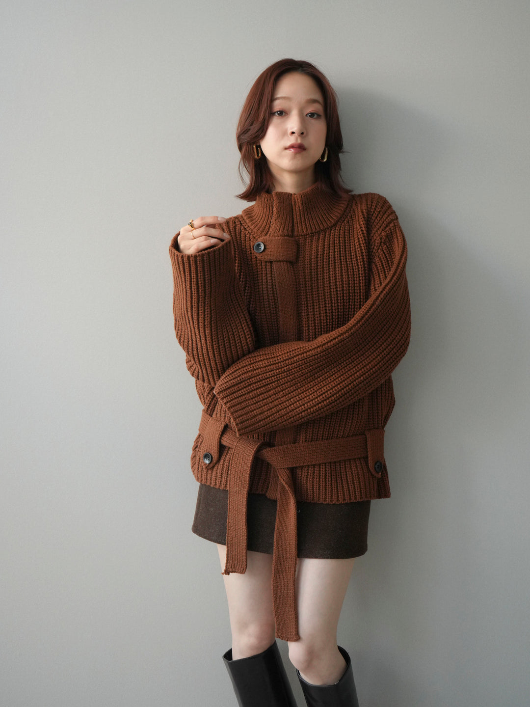 [予約]畦編みボトルネックZIPニットカーディガン/brown
